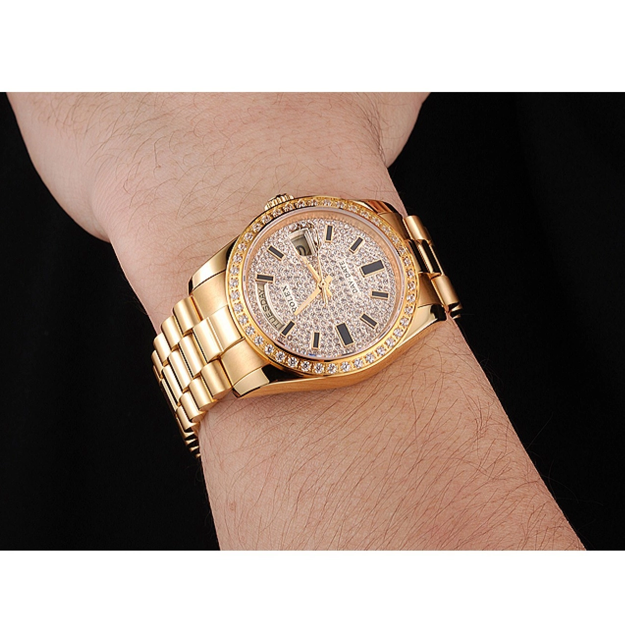 Aaa replica watch Swiss Day Pave Rolex And Case Bezel Gold Bracelet Diamond Date Dial And 0814